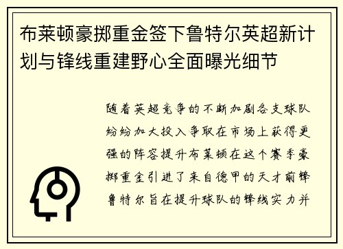 布莱顿豪掷重金签下鲁特尔英超新计划与锋线重建野心全面曝光细节