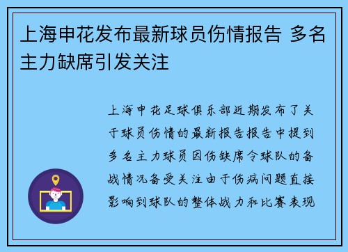 上海申花发布最新球员伤情报告 多名主力缺席引发关注