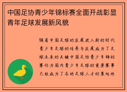 中国足协青少年锦标赛全面开战彰显青年足球发展新风貌